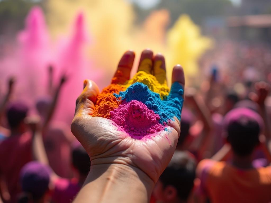 The image captures a vibrant scene of a traditional festival, celebrating with colors and joy. A hand is held up, showcasing a mound of colorful powders: bright pink, blue, yellow, and orange. Behind the hand, a crowd of jubilant people can be seen, all participating in the festivities. The atmosphere is filled with excitement and joy, as colorful powders are thrown in the air, creating a rainbow effect. The sunlight casts a warm glow, enhancing the festive mood and the brilliance of the colors. The background blurs slightly, focusing attention on the hand and the colorful powders it holds.