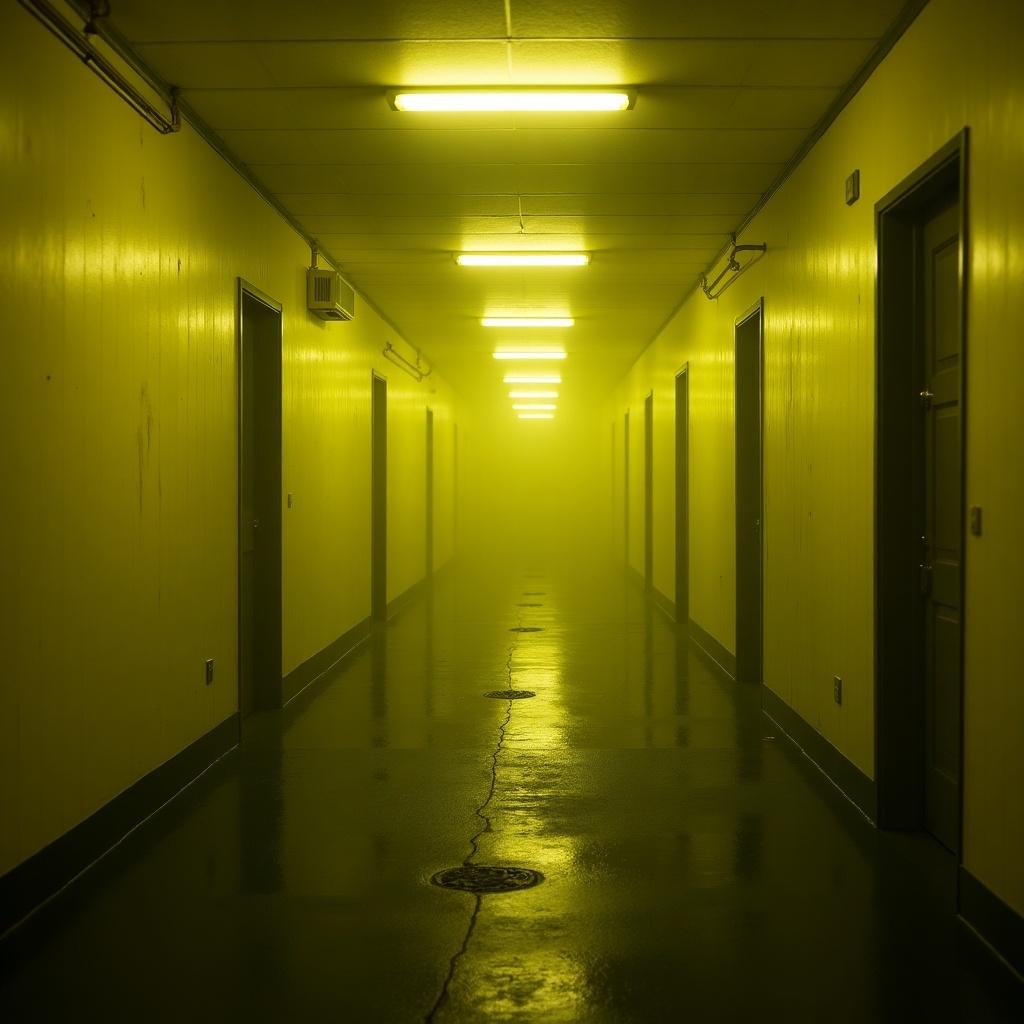 The image depicts a long, narrow corridor known as Backrooms Level 0, characterized by its eerie atmosphere. The walls are painted a muted yellow, and there are several doors lining either side. The floor is glossy and reflects the ambient light, creating a surreal effect. Fog blankets the space, enhancing the sense of mystery and unease. Bright yellow-green lights overhead cast an unsettling glow throughout the corridor.