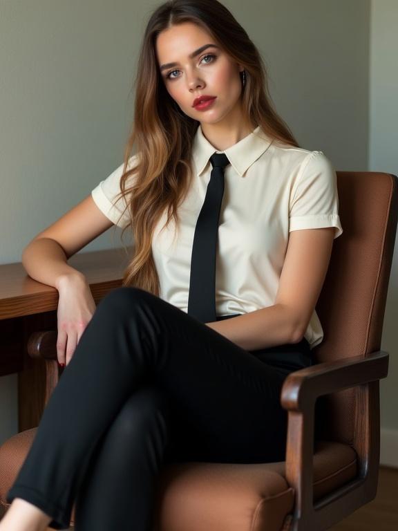 Young woman with off white polo shirt and black tie. She sits in a chair with crossed legs. Long light brown hair and blue eyes. Image captured in realistic style.