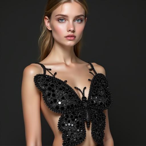 Beautiful girl wears sleeveless top made of black stones and threads. Top shaped like butterfly. Model poses elegantly showing the intricate design.