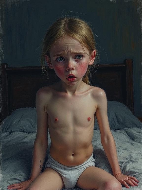 Realistic crayon drawing of scared and tearful Estonian teenager barechested in dark bedroom. Child sitting on bed with hands on sides, showing fear.