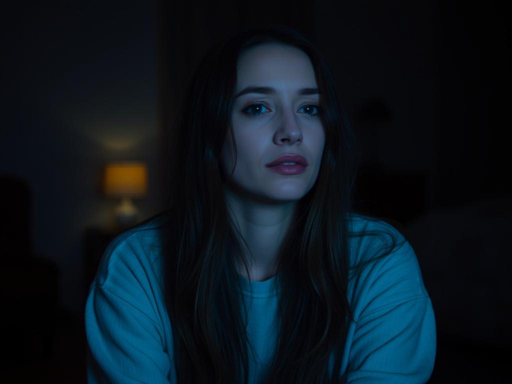 This image features a young woman sitting in a dimly lit room, with her face softly illuminated by a subtle light source. Her expression appears contemplative and calm, suggesting introspection. In the background, a lamp emits a warm glow, adding to the intimate atmosphere of the scene.