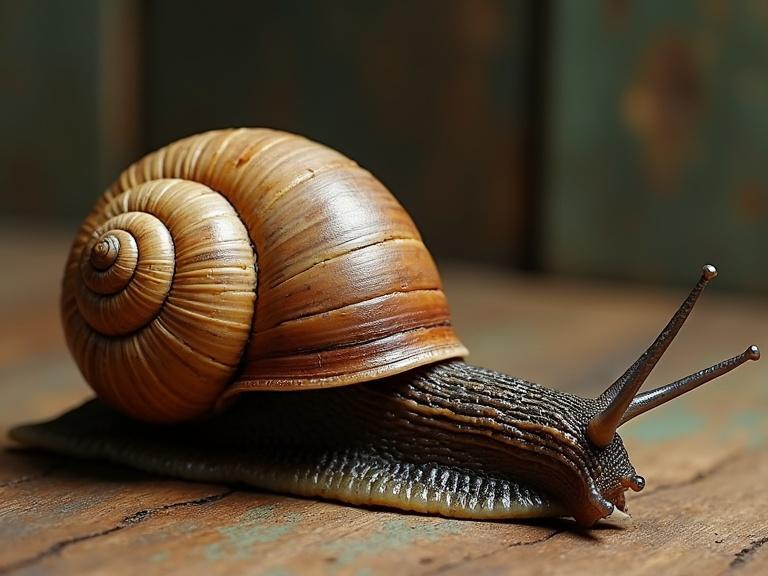 Conceptual snail with shell resembling a wine bottle resting on a wooden surface