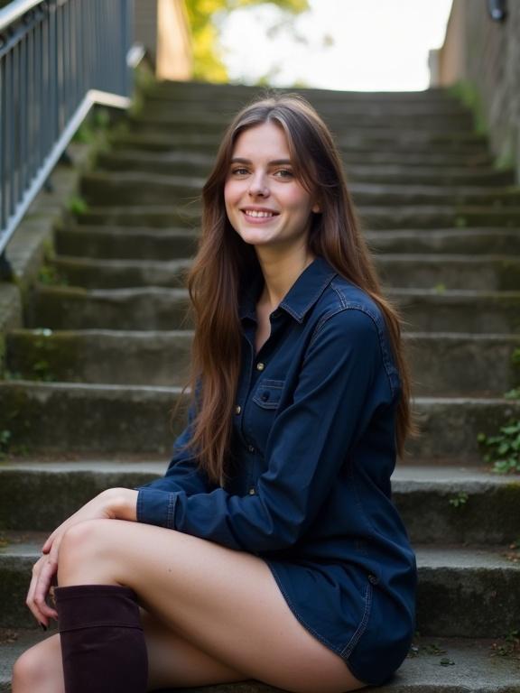 Photograph of a young woman sitting on stone steps. She has long brown hair, wearing a navy blue long-sleeve button-up shirt and dark brown knee-high boots. She is smiling and looking at the camera. The stone steps are weathered and mossy with a metal railing. Background shows sunlight and a blur effect. The depth of field is shallow. The lighting creates a soft warm glow on her face. High aesthetic quality, balanced composition, very appealing.