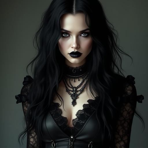 Image of a Caucasian Goth woman in dark lacey clothing. She has layered necklaces and heavy boots. Expression is intense and mysterious. Hair is long and wavy. Makeup features smoky eyes with black eyeliner and dark lipstick. The image shows heavy details and depth with gothic aesthetics.