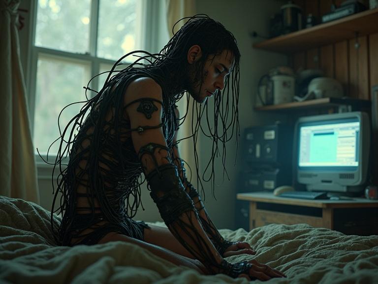 A character with integrated cybernetic enhancements showcases visible wiring and data ports. Cables spill from their limbs, blending with their surroundings. The bedroom is cluttered with worn tech and glowing screens. The atmosphere is gritty and melancholic, highlighting a wired life. The character looks weary but defiant. Style is gritty realism with shadows and textures.
