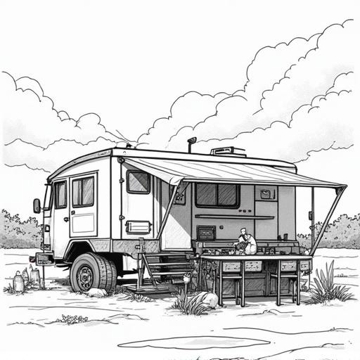 Line drawing of a camper at a cookout. Includes detailed outdoor kitchen setup and a man cooking outside the camper surrounded by nature.