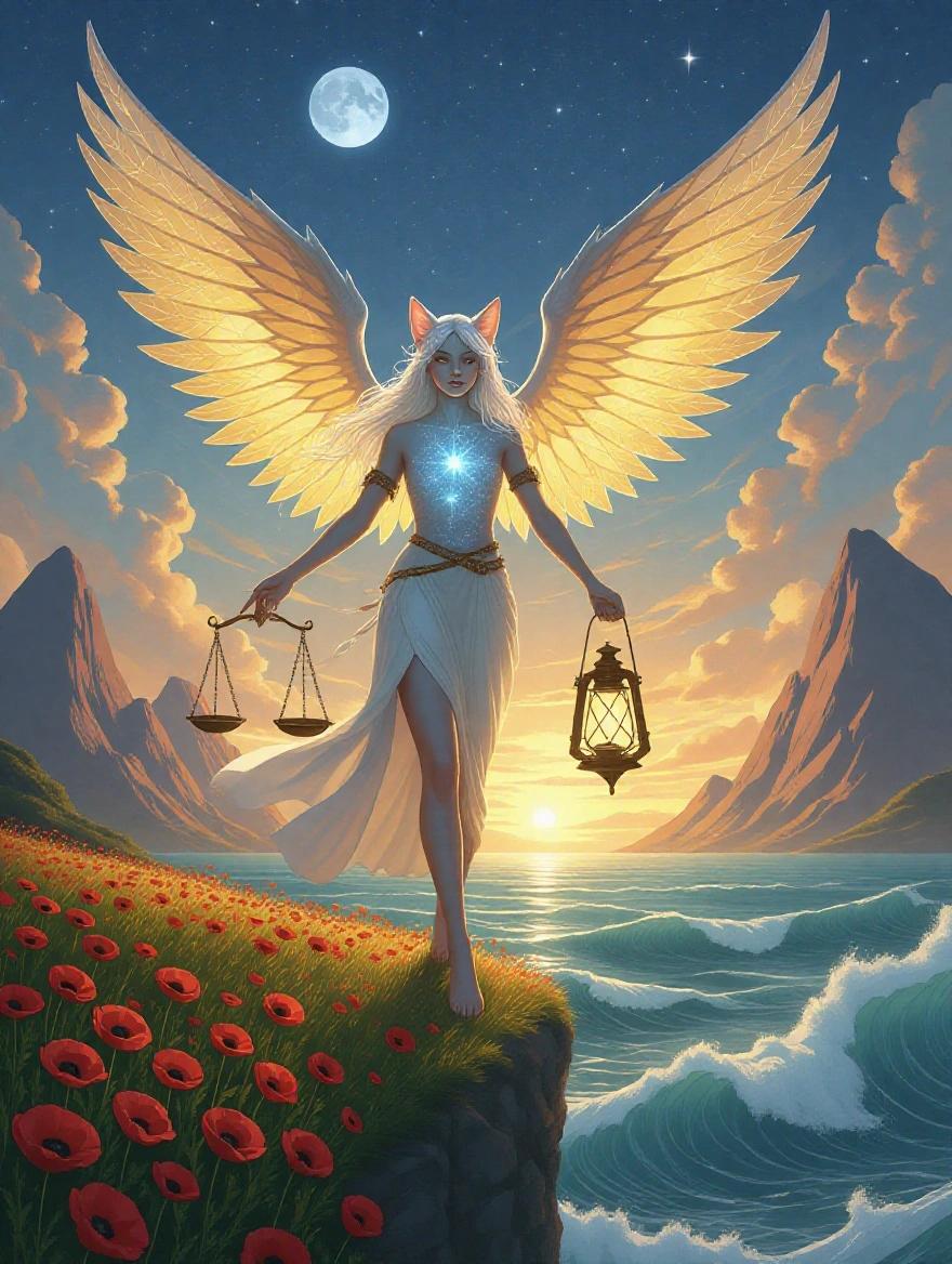 A fantasy illustration of an angel with feline features and translucent skin. Her wings resemble autumn leaves with glowing veins. She walks on a moonlit rope between tall mountains. She holds a scale weighing joy and sorrow in one hand, and a lantern in the other. Below her, a field of red poppies and a turbulent ocean can be seen. Jellyfish float in the air. Mist connects floating islands with silver-leafed trees.