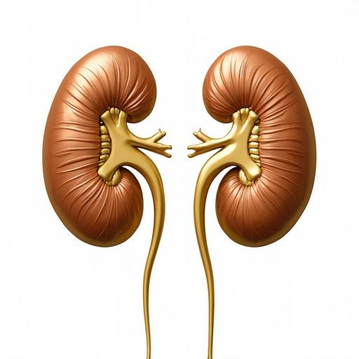 Stylized graphic design of a pair of human kidneys. Depicted in gold against a rich white background. Intricate details showcasing renal structures and vessels. Symmetrical layout. Combines anatomical accuracy with decorative flair.