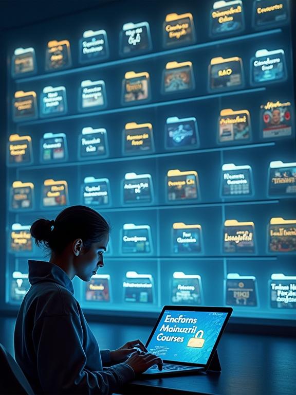 A digital graphic featuring a futuristic library with glowing folders for English courses. Google Drive-style interface appears endless. A young adult explores this interface on a laptop, looking amazed. Colors are modern blues, whites, and golds. Text overlay states the benefits of accessing English courses. Vertical layout for social media ads. Includes Drive icon or digital lock.