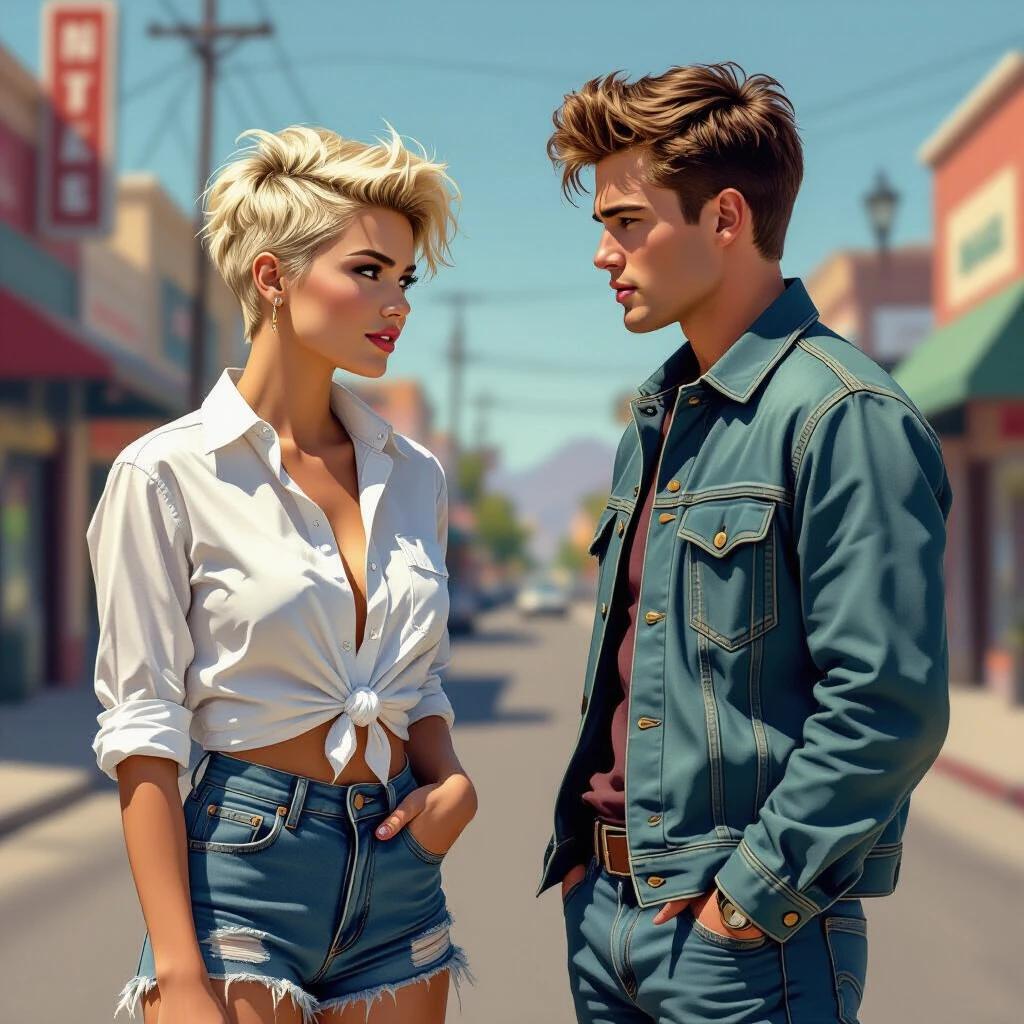 Image features a confident stylish young couple in a vibrant street scene. They interact casually against a colorful backdrop. The woman has short tousled hair and wears a knotted white shirt with denim shorts. The man wears a denim jacket and stylish hair. The scene is lively and fashionable.