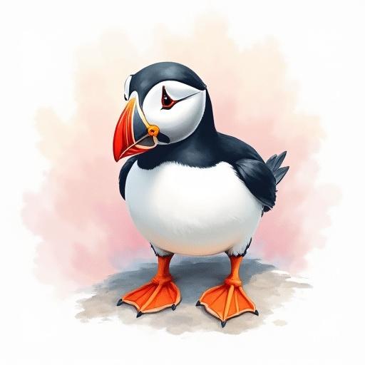 Watercolor illustration of a puffin in pastel colors on a blank centered background.