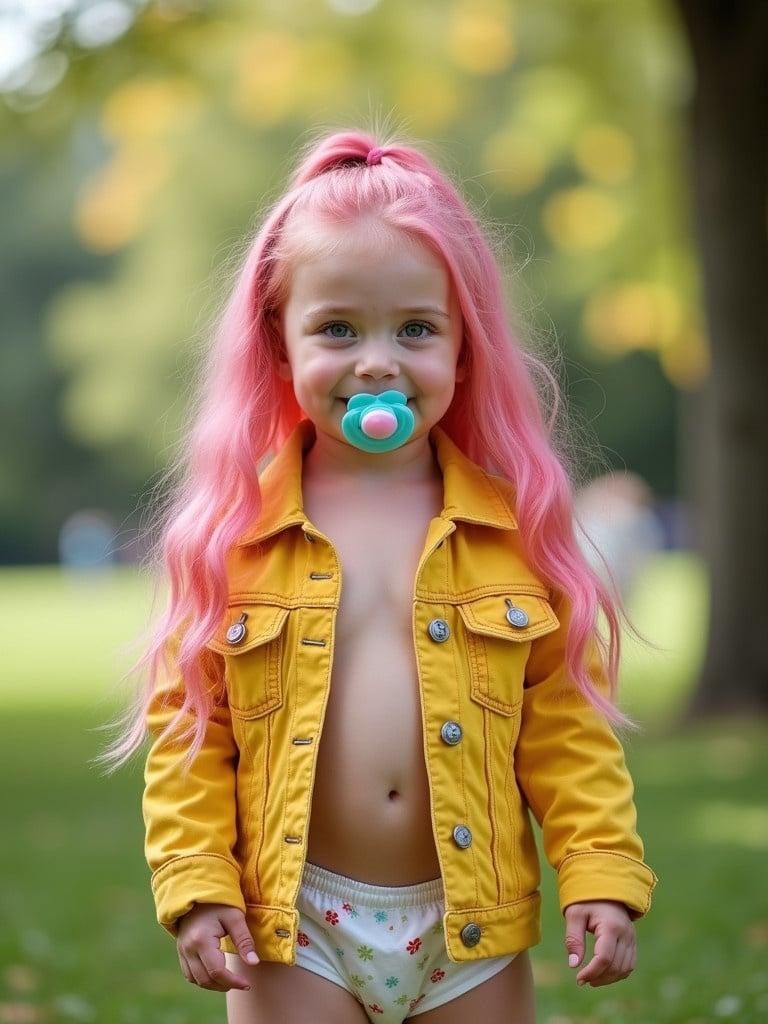 Girl with long pink hair and green eyes wears a yellow jacket. She stands in a park with grass. Smiling expression. Natural setting with trees in background.