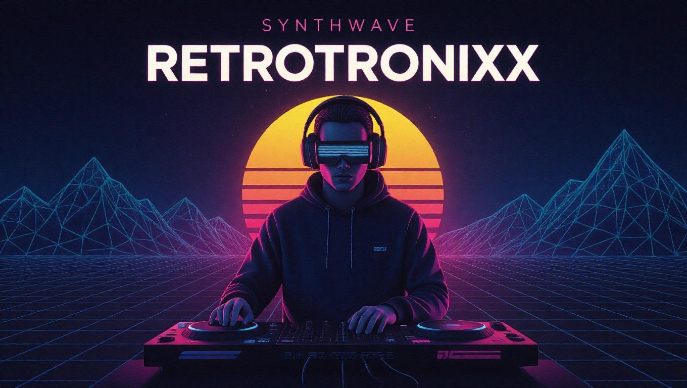 Artistic dark album cover featuring a DJ with neon elements. Title as Synthwave DJ Retrotronixx. Background includes stylized sun and mountains.