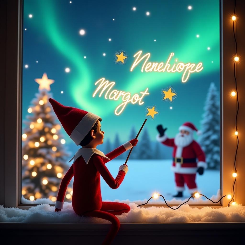 An enchanting Christmas scene features an elf on the shelf with his back to the viewer, gazing up at a magical sky. The elf is using a wand to elegantly write the names 'Penelope,' 'Vivienne' and 'Margot' in the air. In the background, the landscape is illuminated by beautiful northern lights and adorned with a Christmas tree sparkling with lights. Santa Claus is visible in the distance, creating a whimsical atmosphere. Snow gently covers the window ledge, enhancing the cozy feel of the scene.