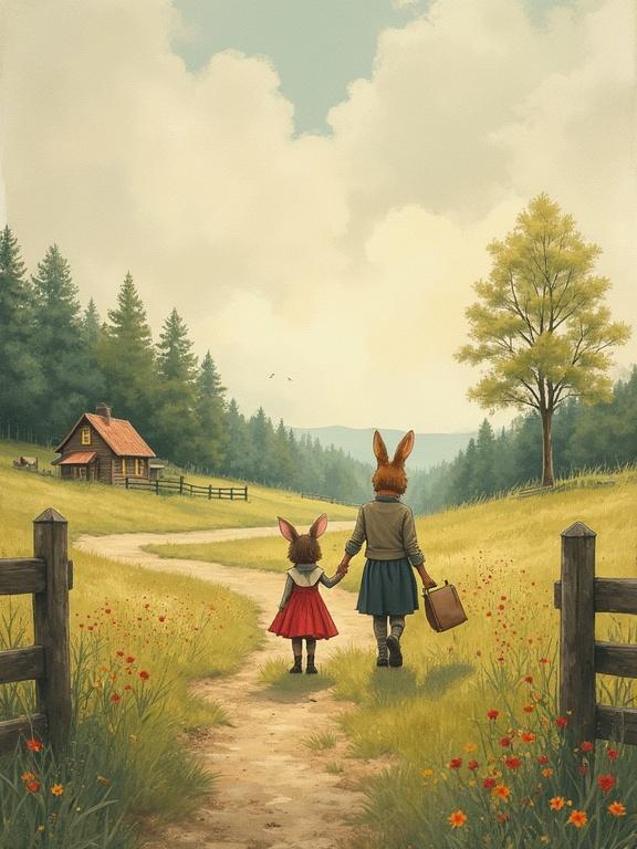 Colorful ink painting in a Beatrix Potter style featuring two rabbit characters in a rural landscape. They walk on a path towards a cottage surrounded by trees and flowers. The scene is bright and cheerful, evoking emotions of adventure and warmth.