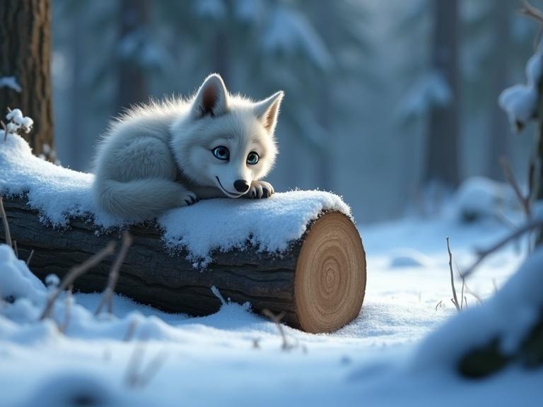 A 3D rendering of a small, wide-eyed baby wolf with white-gray fur in a lush green forest. A shivering wolf cub curls up in the snow, behind a fallen log, looking alone and scared.