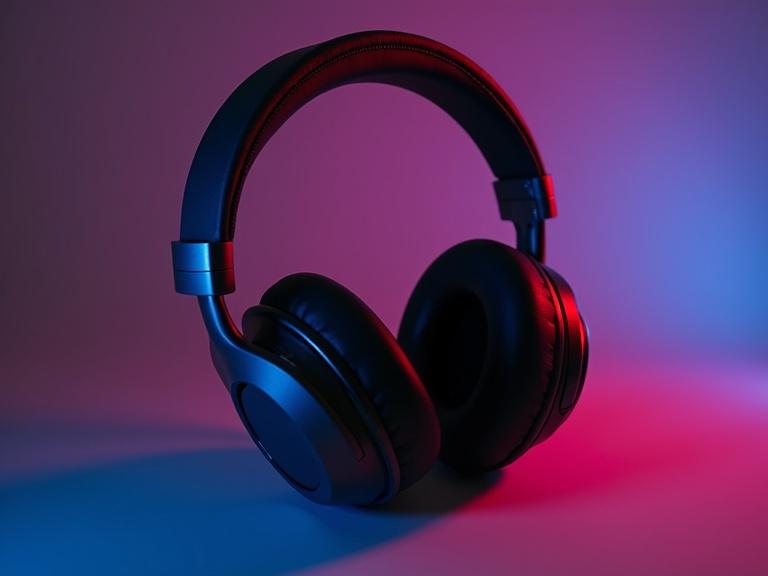 Noise canceling headphones displayed under colorful lighting. Focus on the sleek design and ear cushions. The background is illuminated with blue and red hues.