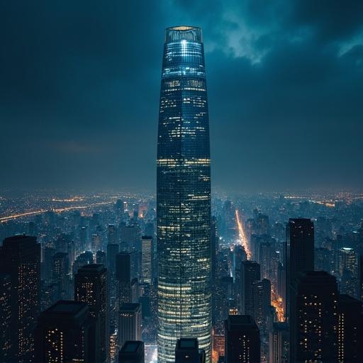 A glass skyscraper stands tall in a dark city. The city has no electricity. Aerial perspective captures the illuminated building against dark skies. Urban landscape filled with tall buildings and city lights shines in the background.