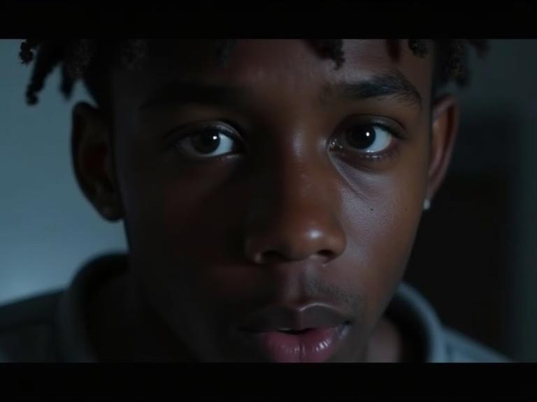 Close-up of a young male's face showing a stoic expression while watching paramedics zip a body bag. The scene is dark with somber lighting.