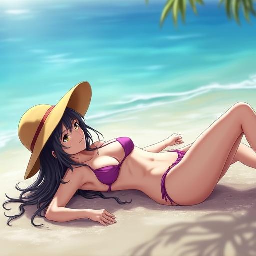 A female character in a swimsuit lying on her back on the beach with a sun hat.
