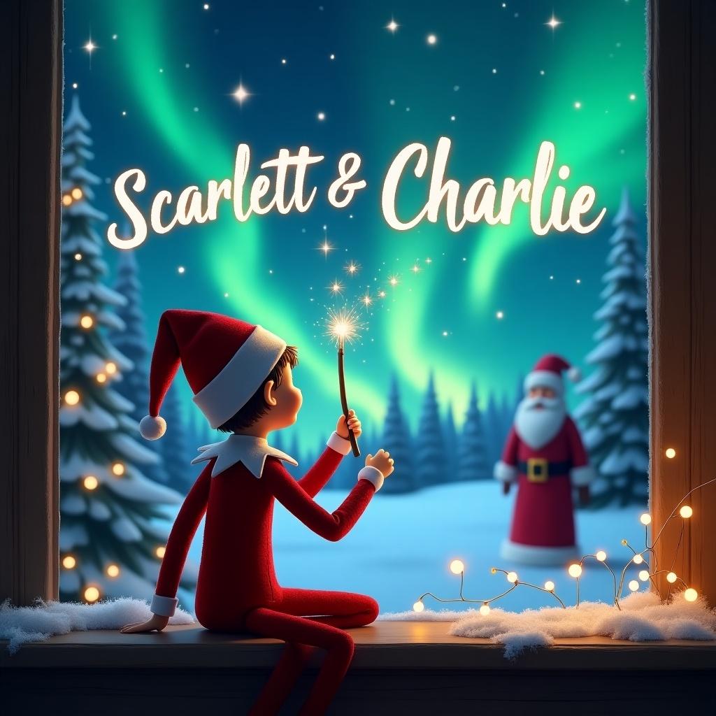 An elf on the shelf is positioned with his back to the viewer, staring into the magical night sky. He holds a wand, using it to elegantly write 'Scarlett & Charlie' in the sky. The background features stunning northern lights illuminating the snowy landscape. In the distance, Santa Claus is visible among the trees, adding to the festive atmosphere. Twinkling lights adorn the window frame, enhancing the Christmas spirit. The imagery is charming and enchanting, perfect for a holiday theme.