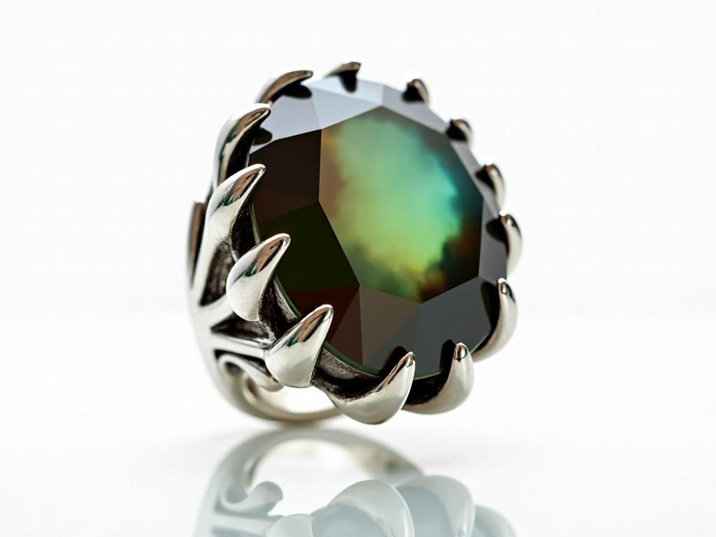 The image showcases a striking ring featuring a large stone that exhibits a mix of colors including green, brown, and hints of blue. The stone is faceted, allowing for reflections that enhance its brilliance. Surrounding the central stone is a unique silver band that has a claw-like design, giving it a bold and distinctive appearance. The surface of the band is polished and shiny, contrasting beautifully with the stone. There is a clean white background that emphasizes the elegance of the ring.