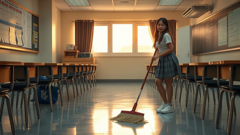 A young woman is seen mopping the floor in an empty classroom bathed in the warm light of the setting sun. The classroom is well-organized, with desks aligned neatly and a window at the back letting in the golden light. The atmosphere is serene, highlighting the calmness of a school after hours.