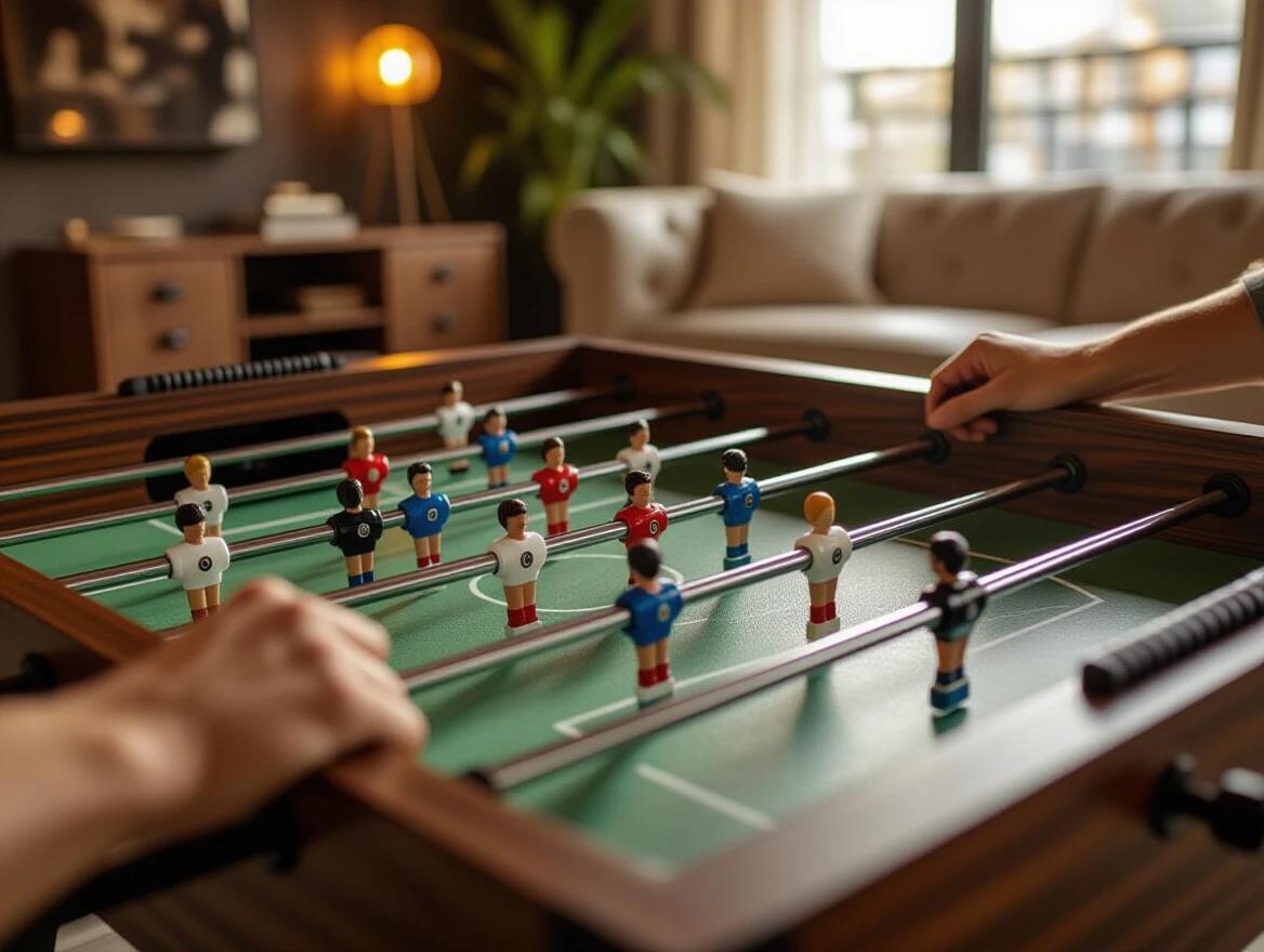 Close-up of hands gripping luxurious foosball table handles. Matte dark wood frame with metallic rods. Players mid-spin on the field. Detailed surface reflections. Warm ambient lighting casts smooth shadows. Modern interior setting with a cozy luxury vibe. Cinematic photorealistic ambiance.