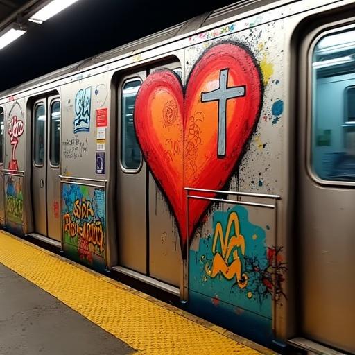Graffiti on NYC subway car shows a large heart design and Python programming elements with data visualizations. Expressive graffiti art is evident.