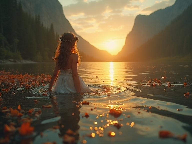 A girl sits in water during sunset. She wears a white dress and a flower crown. The scene has a serene atmosphere with colorful petals floating on the water. Mountains frame the background.