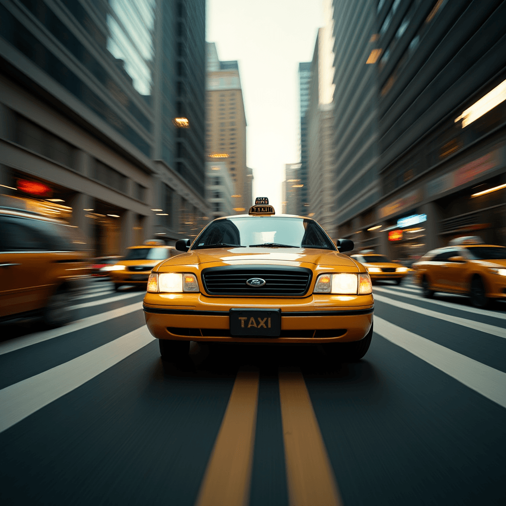 A yellow taxi speeds down a bustling city street, surrounded by tall skyscrapers and other moving taxis in the early evening light.