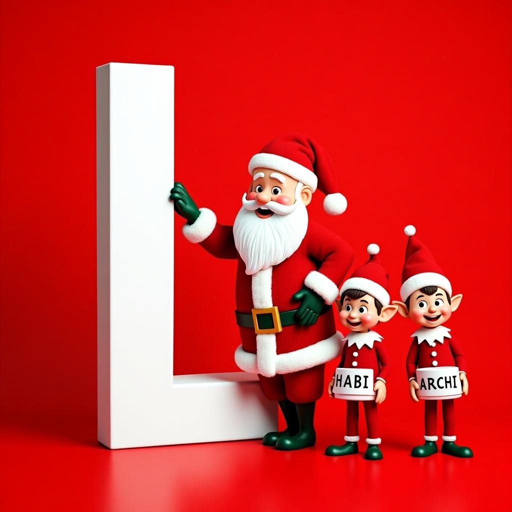 Red background features Santa Claus against large white letter L with elves. Characters cheerfully hold letters spelling HABI ARCHI. Scene evokes holiday spirit for technology promotions.