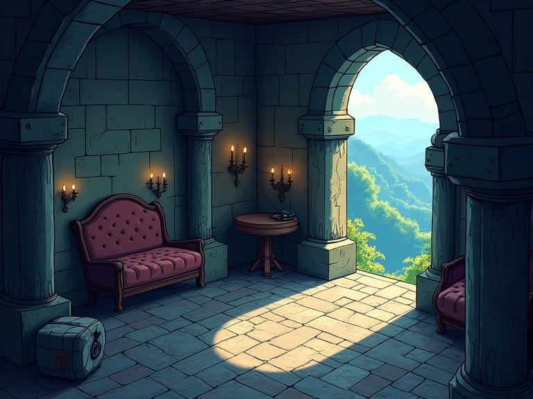 Interior of a castle room shown in isometric view. Walls are made of stone with arches. There are two sofas in deep colors. A small table rests between them. Candles illuminate the space. A scenic landscape is visible through a large window. The atmosphere is inspired by 90s dark fantasy anime.