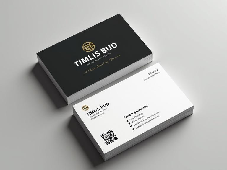 Design a modern minimalist business card for TIMLIS BUD. Specializing in interior finishing and renovations. Masculine clean professional style. Colors: graphite black white with olive warm gray deep navy. Front has logo company name slogan. Back with contact details and QR code. Use modern sans-serif fonts. Layout must be clean and balanced.