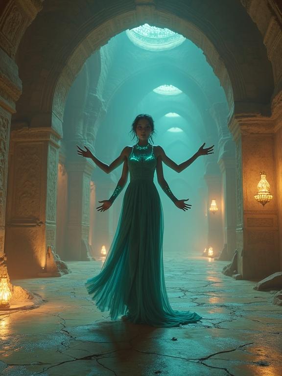 Mysterious woman dances inside alien temple. She has four arms and glowing cyan markings. Floating lanterns illuminate ancient murals. Her expression is serene; her shadow moves differently.