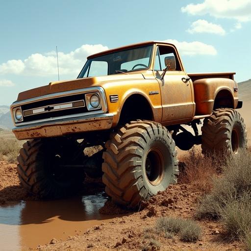 Square body Chevy truck driving through a mud hole with large tires. Truck is orange in color. Background features a muddy terrain and blue sky.