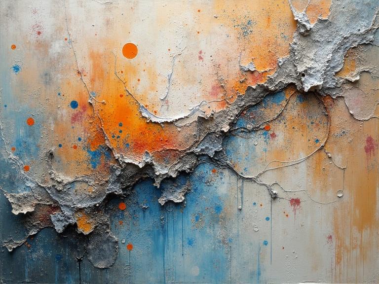 Abstract artwork featuring layers of texture and color. Use of diverse materials like newspaper and wood. Bright colors like orange and blue create a vivid display. Textures include scratches and drops. Close-up view revealing intricate details and mixed media elements.