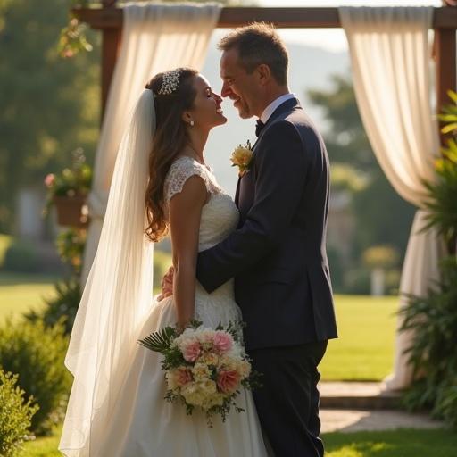 A marriage couple stands close in a garden. They are dressed elegantly. A man wears a dark suit and a woman wears a white dress. Pink flowers are held by the woman. Behind them, a gazebo is draped in white fabric. The atmosphere is intimate. Soft sunlight shines around them.