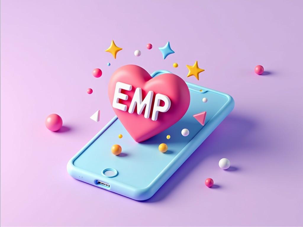 The image features a 3D illustration of a pastel-colored smartphone with a heart-shaped object displaying the letters 'EMP' hovering above it. Surrounding the heart are various geometric shapes and stars in vibrant colors, giving the image a playful and whimsical feel. The overall tone is cheerful and modern, with a smooth, digital aesthetic.