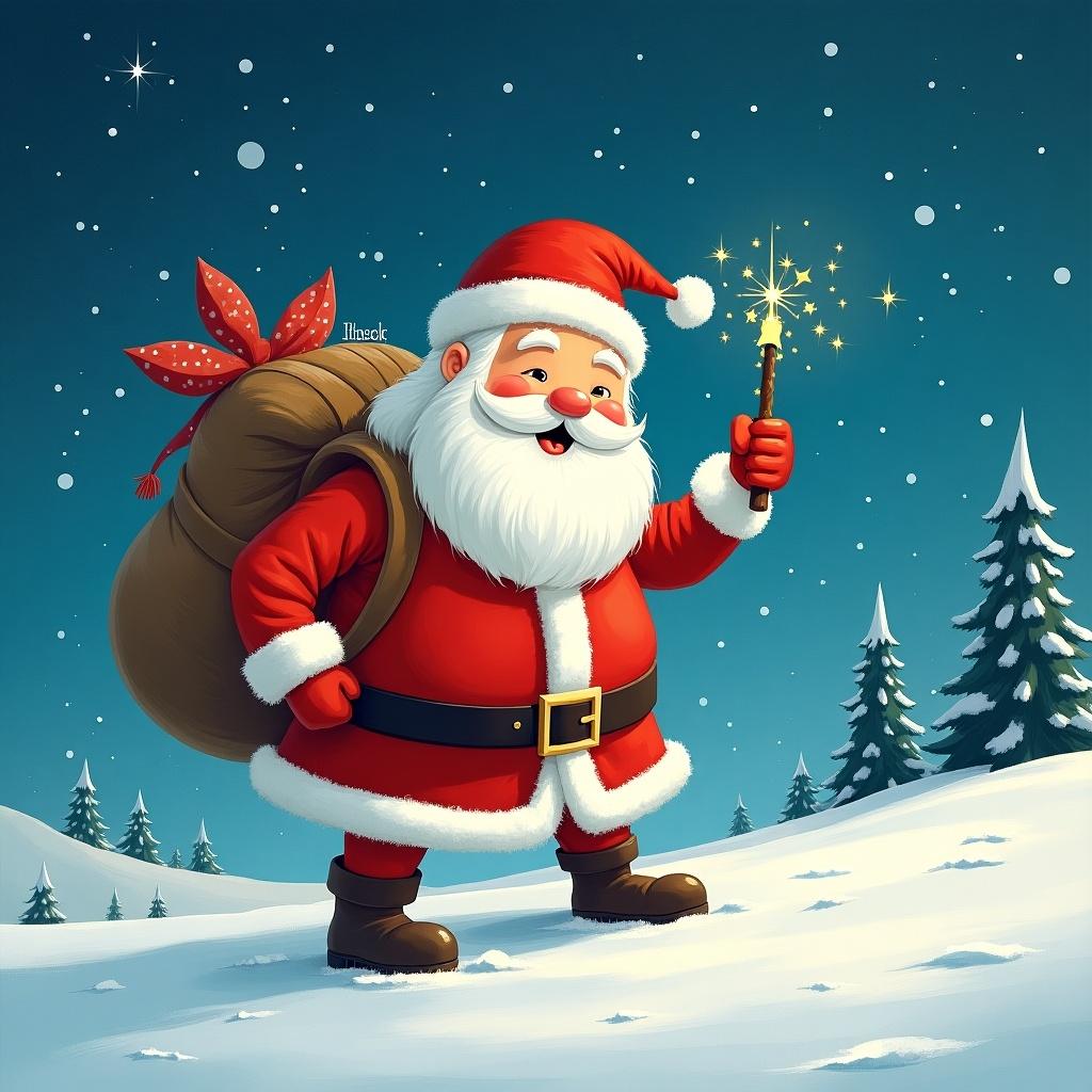 The image features a cheerful Santa Claus standing in a snowy landscape. He has a large red sack slung over his shoulder and is holding a sparkly wand. Santa is dressed in his traditional red and white outfit, complete with a belt and boots. Behind him, the night sky is illuminated with twinkling stars. Pine trees dot the snowy ground, encapsulating a festive winter atmosphere.