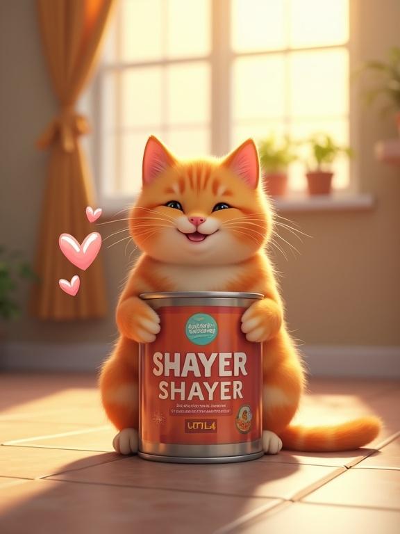 Super realistic photo of a cute happy cat hugging a large can of pet food. Cat sits on ceramic tile floor with sunlight shining through a window. Cat has joyful expression and small smile. Pet food can displays brand 'SHAYER' on colorful label. Playful cartoon-style heart doodles surround the cat. Mix of realistic and slightly cartoonish style with warm lighting.