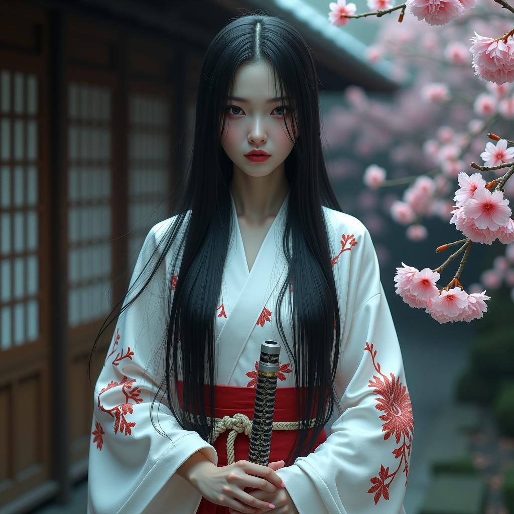 Image of a stunning Japanese ghost. She has pale skin and long silky black hair. She wears a white Yukata with red sakura patterns. A twisted rope belt is around her waist. She holds a sharp samurai sword. Her intense eyes show rage. The background includes a wooden house and sakura trees.