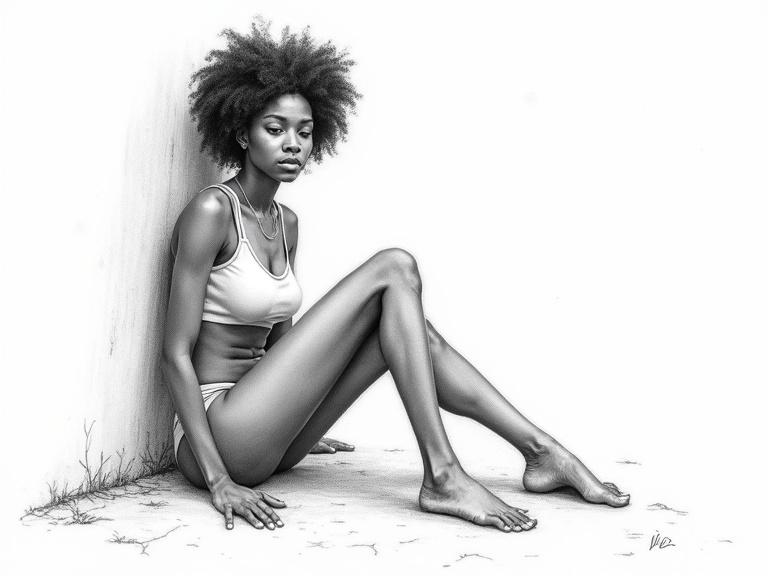 Hand-drawn image of a thin black woman in pencil sketch. She sits on ground with slumped shoulders leaning against wall. Eyes are half-closed showing satisfaction. Background is lightly sketched to appear empty. Mood feels quiet and heavy, showing emotional pleasure and satisfaction.