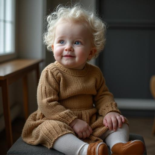 Portrait of a young child with curly hair. Baby wearing a soft knit dress. Child seated on a chair. Background has natural light through the window. Soft colors highlight the innocence of childhood.