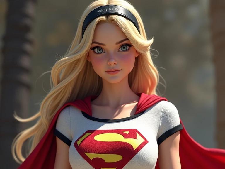 Create high-quality CGI of Supergirl. She wears white top with black trim and red cape. Depicted in photorealistic style with accurate details. Background complements her appearance.