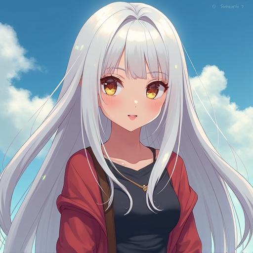 Anime-inspired digital painting of a teenage female adventurer. Character has long white hair and amber eyes. Pale skin and a large chest. Background features the Abyss.