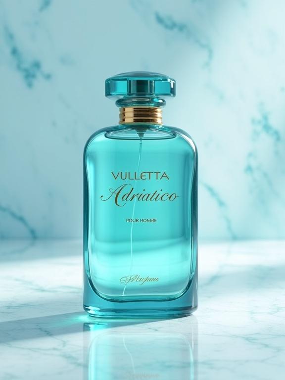 Luxurious photo-realistic image of a perfume bottle. Gradient color aquamarine and turquoise minimalist glass bottle. Elegant label with 'VULETTA' at the top, 'ADRIATICO' in script below, and 'POUR HOMME' in refined font. Bottom label reads 'PARFUM' in gold foil. Pale aquamarine liquid glows softly. Clean, modern style. Light blue textured background with diffused lighting. Soft, directional lighting creates depth on the bottle.