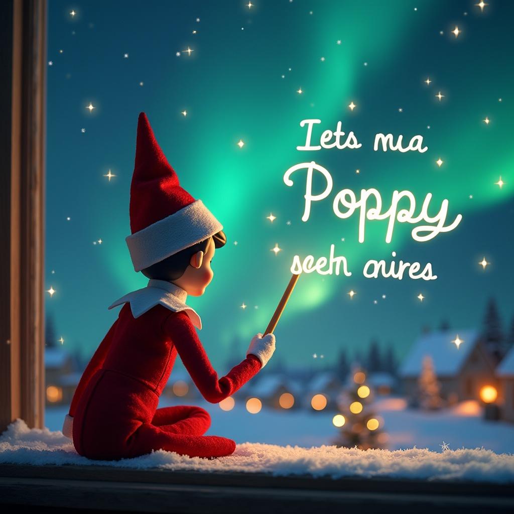 Elf on the shelf sits by a window with back facing the viewer. Elf uses wand to write Poppy in the night sky. Background shows magical Christmas scene with northern lights and cozy village. Scene is enchanting and festive.