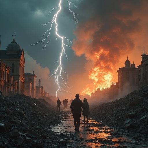 Intense scene of destruction illustrating consequences of distancing from God. Ruins of cities under dark, stormy skies. Lightning and fire represent divine warnings. Figures among debris express distress. Ancient biblical scenes flash in background, emphasizing repeated warnings in Scripture.